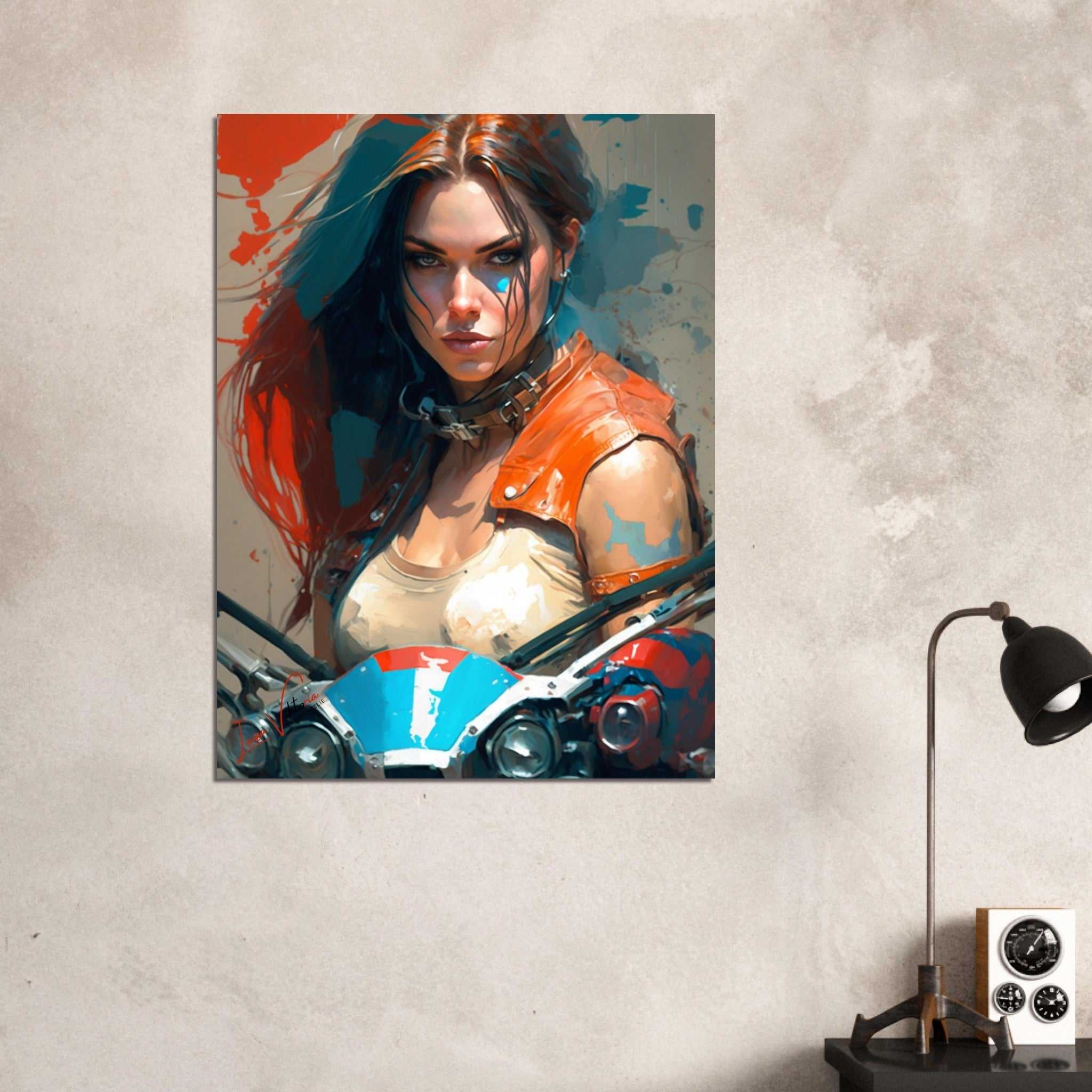 Bike and lady colorful poster art print
