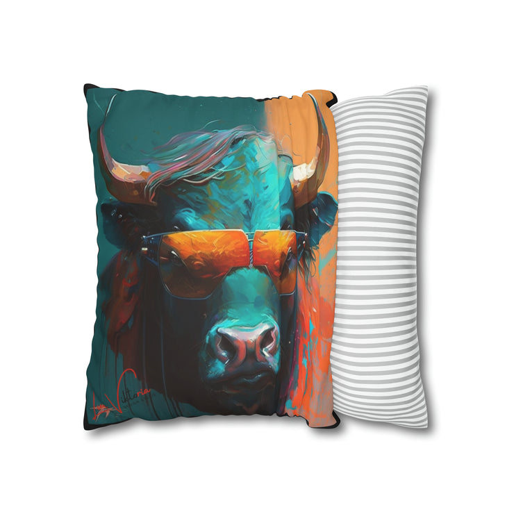 Pillow Case black, Bull with glasses, Animal Art, Desing gift, by Luisa Viktoria