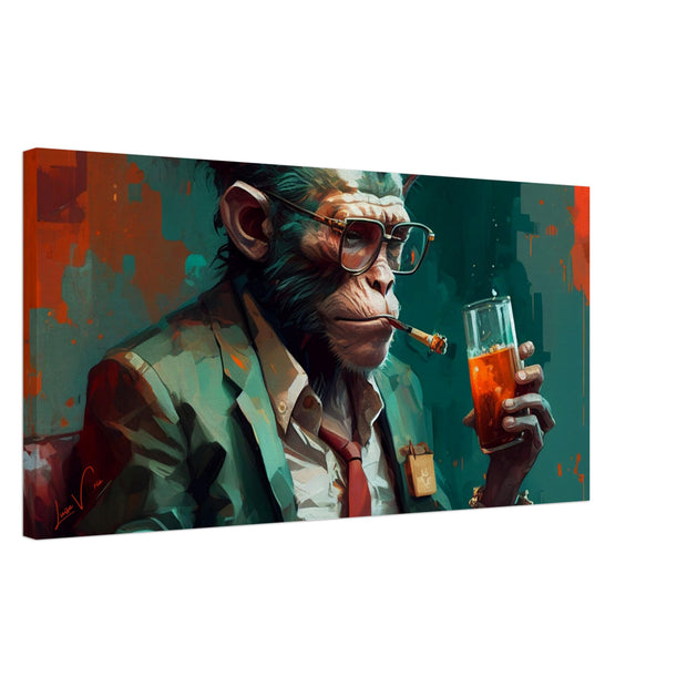 Monkey with cigar and whiskey. Colorful Wall Art, canvas gift, Luisa Viktoria.