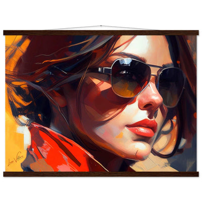 Woman with sunglasses. Luxury poster with rails