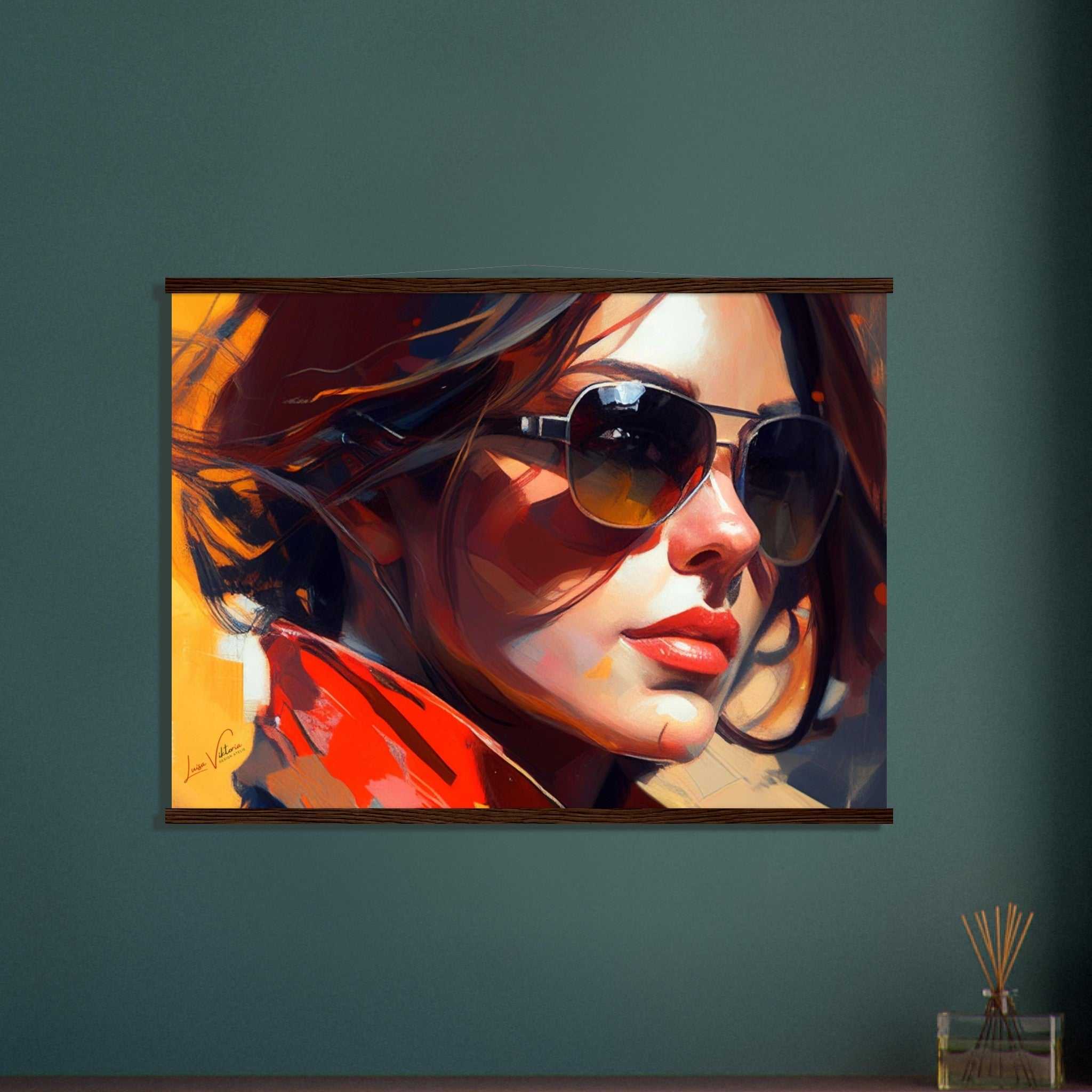 Woman with sunglasses. Luxury poster with rails