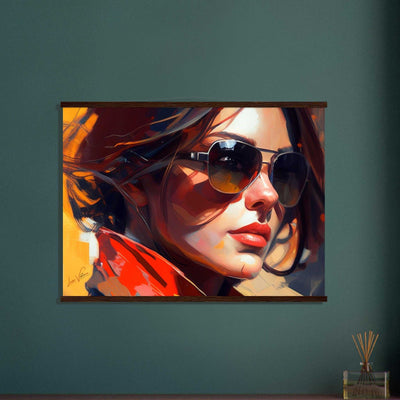 Woman with sunglasses. Luxury poster with rails