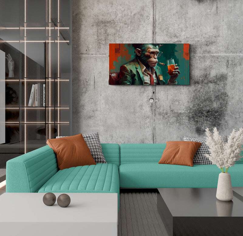 Luxurious Color Worlds, Monkey with cigar and whiskey. Colorful Wall Art, canvas gift, Luisa Viktoria.