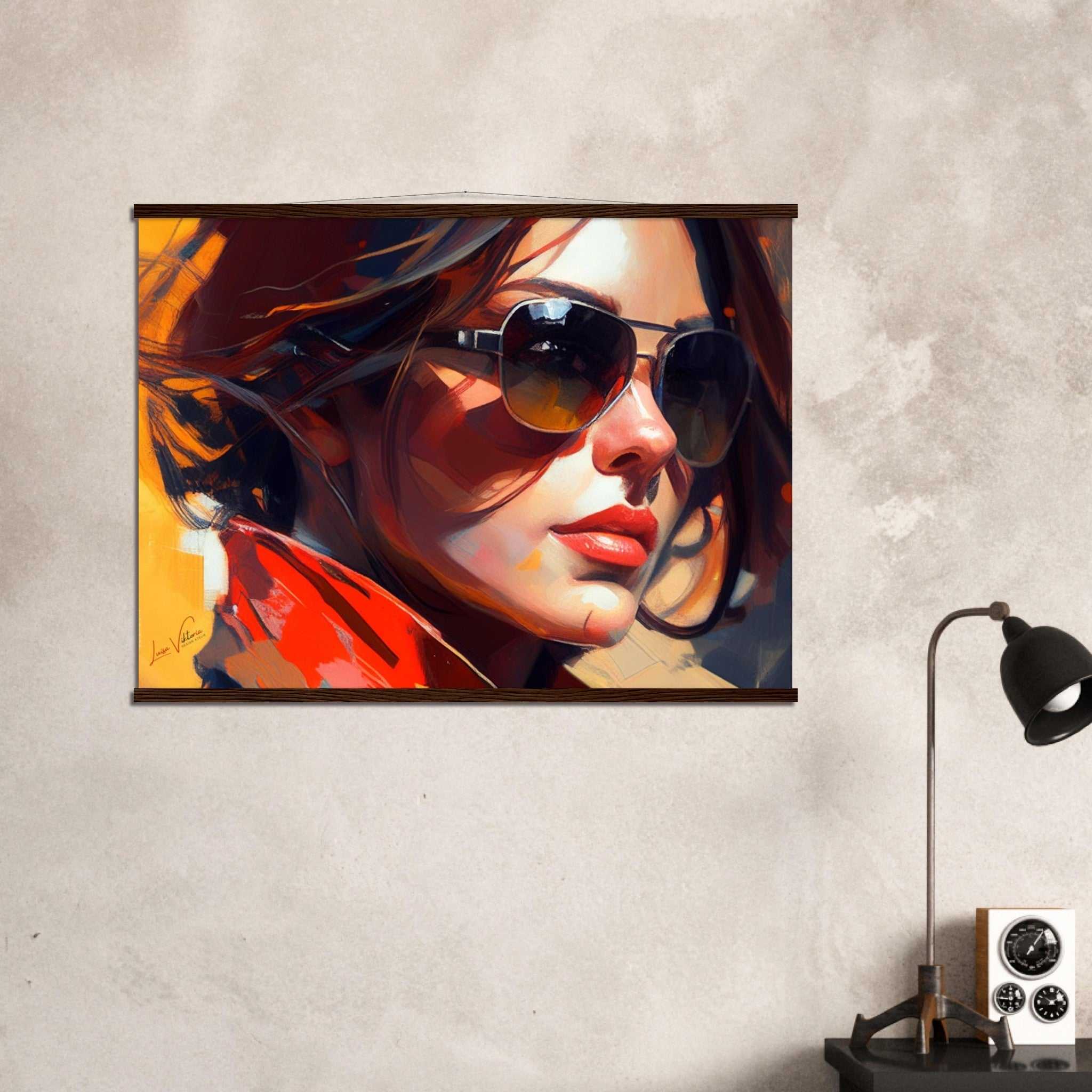 Woman with sunglasses. Luxury poster with rails